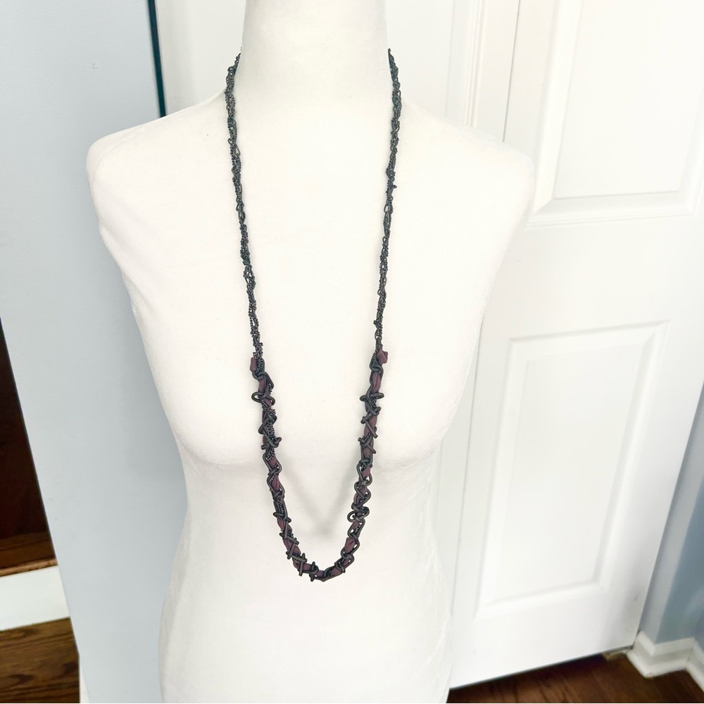 6/$30 Ann Taylor Loft Long Distressed Silver And Purple Chain Ribbon Necklace
